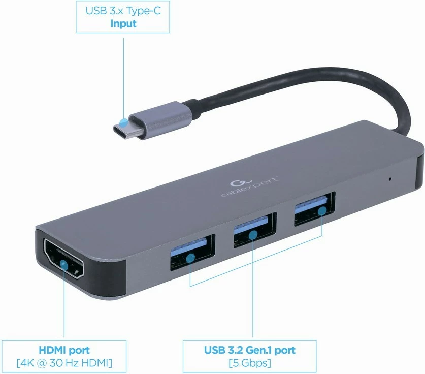 Multi-adapter z 3× USB 3.0 in HDMI, Gembird A-CM-COMBO2-01, siva