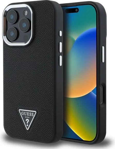Ohišje z elegantno teksturo Guess Grained Triangle MagSafe za iPhone 16 Pro Max 6,9", črno