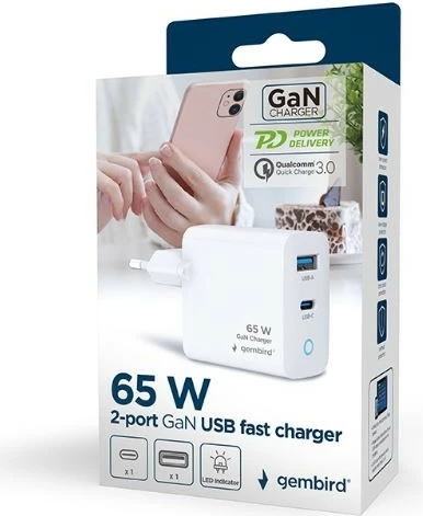 Stenski polnilec 65 W, 2 vrata USB-A/C, bel — Gembird TA-UC-PDQC65L-W-01