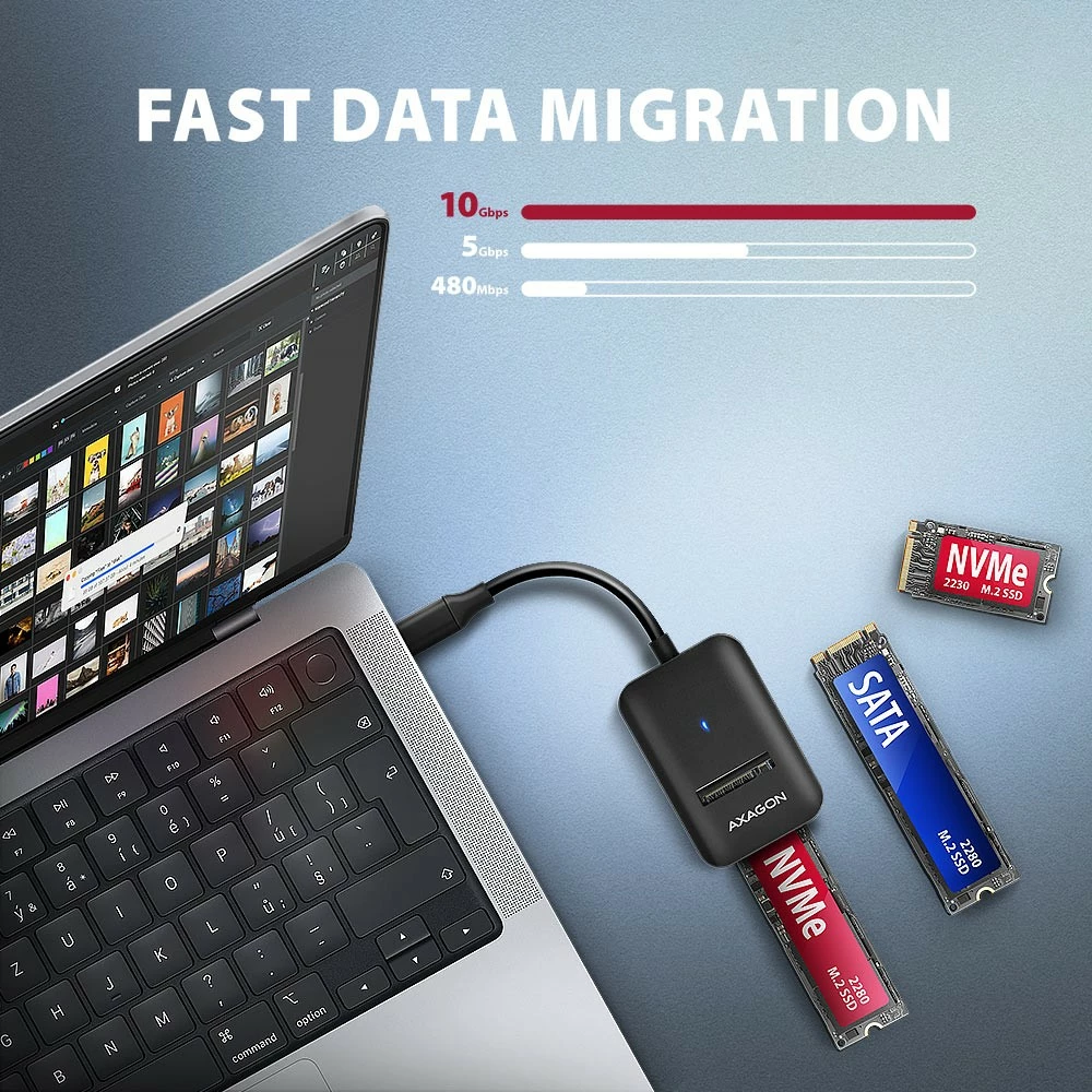 Računalniško ohišje za SSD M.2 NVMe/SATA, USB 3.2 Gen 2, 10 cm kabel, črno, AXAGON ADM2-CM Računalniško ohišje za SSD M.2 NVMe/SATA, USB 3.2 Gen 2, 10 cm kabel, črno, AXAGON ADM2-CM