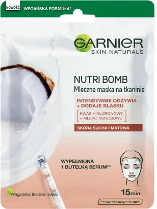 Maska iz blaga za obraz za ženske z kokosovim mlekom in hialuronsko kislino, Garnier Nutri Bomb Milk Mask, 28 g