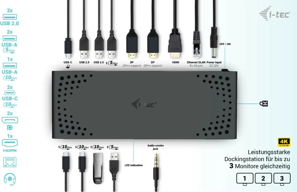 Docking postaja USB-C Triple Display Gen 2, 100W, 3x monitor, I-Tec, črna