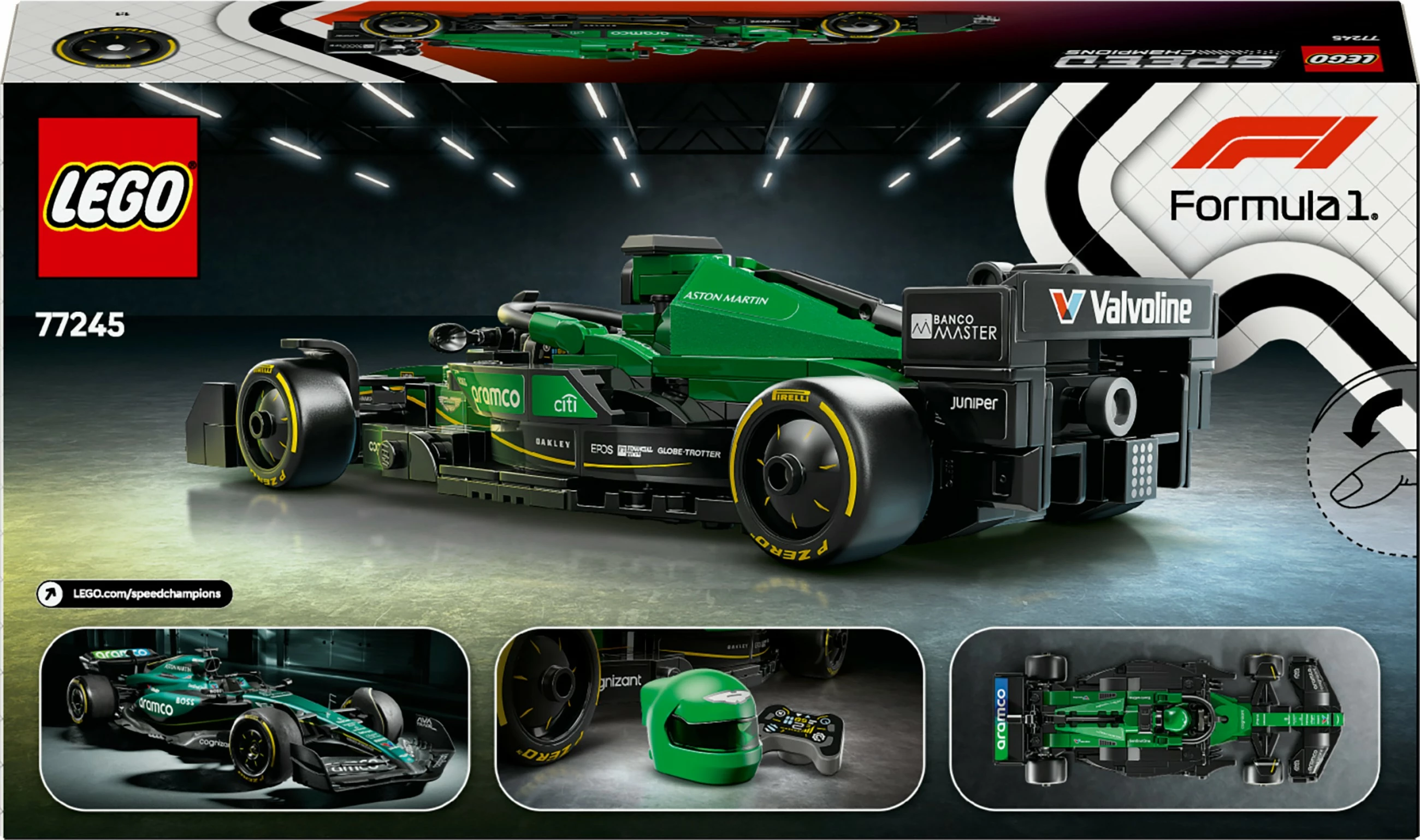 Model dirkalnega avtomobila Aston Martin Aramco F1 AMR24, komplet LEGO, 269 kosov, večbarven