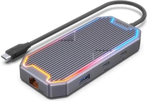 Večfunkcijski hub z USB-C, HDMI, RJ45 in 3,5 mm avdio priključkom, Unitek, sivi