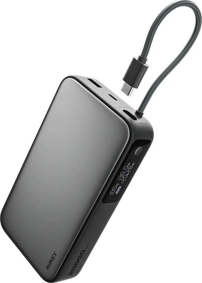 Power bank 20000 mAh, 130W, 4x USB, USB-C kabel, LED, siv - AUKEY PB-Y48 Spark Sling