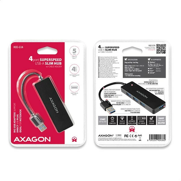 USB razdelilec AXAGON HUE-G1A, 4 vrata, USB 3.2 Gen 1, kabel 14 cm, črn USB razdelilec AXAGON HUE-G1A, 4 vrata, USB 3.2 Gen 1, kabel 14 cm, črn