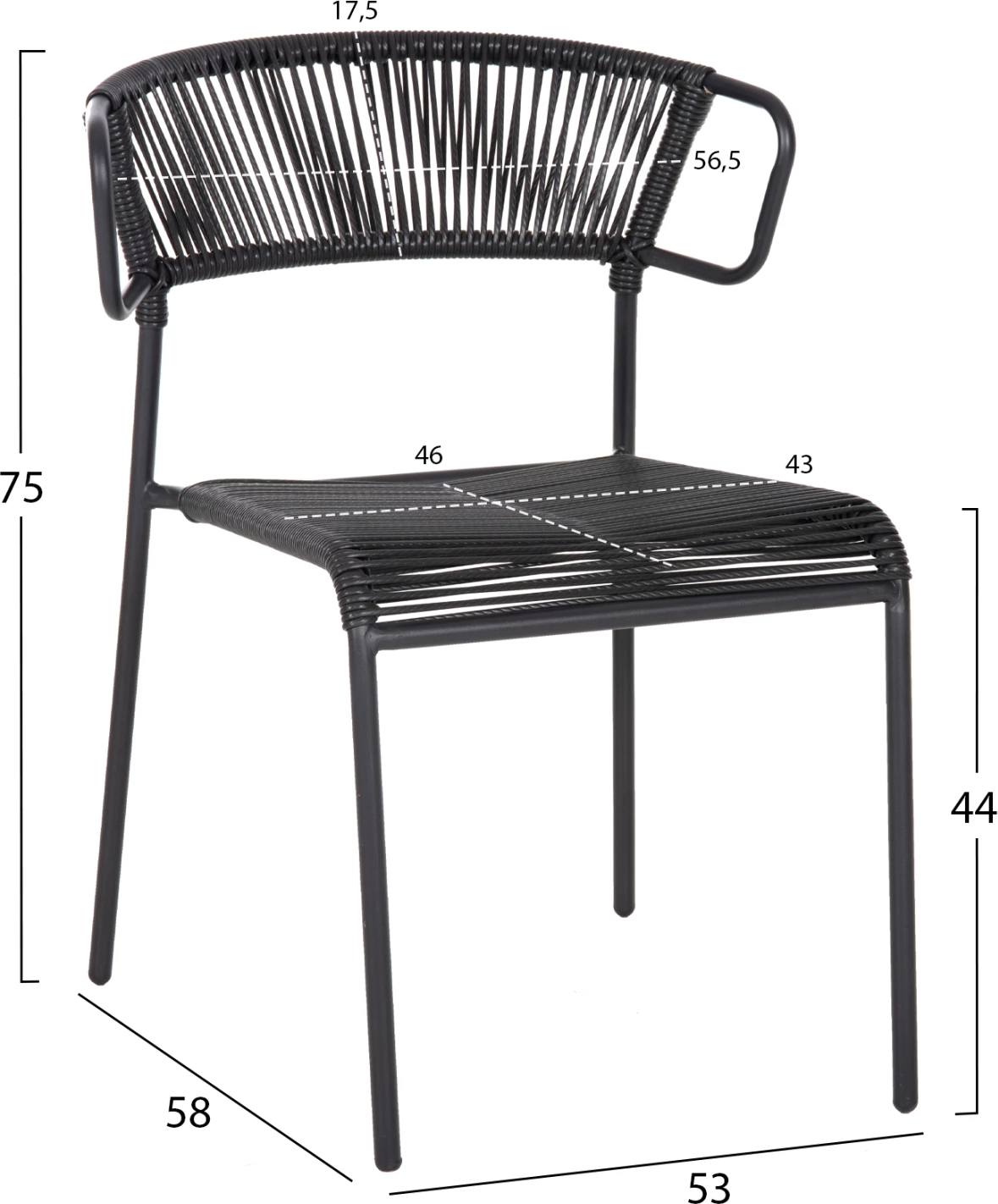 Stol SUKI FH6053.02 kovinski in sintetični ratan v črni barvi 54x62x80H cm