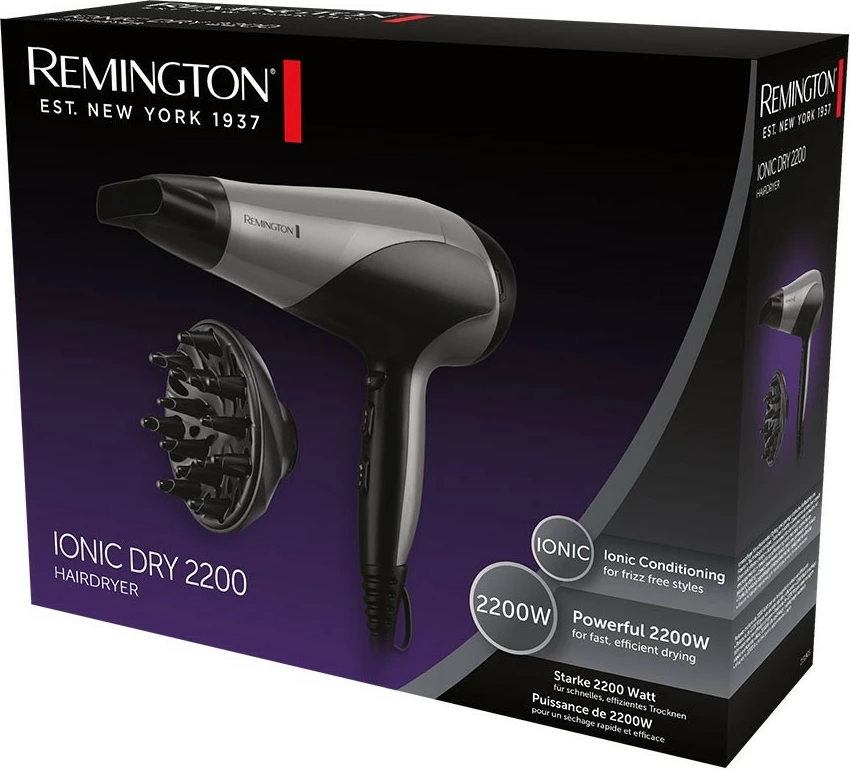 Sušilnik za lase Remington D3190S, 2200 W, z ionizacijo, črn/siv