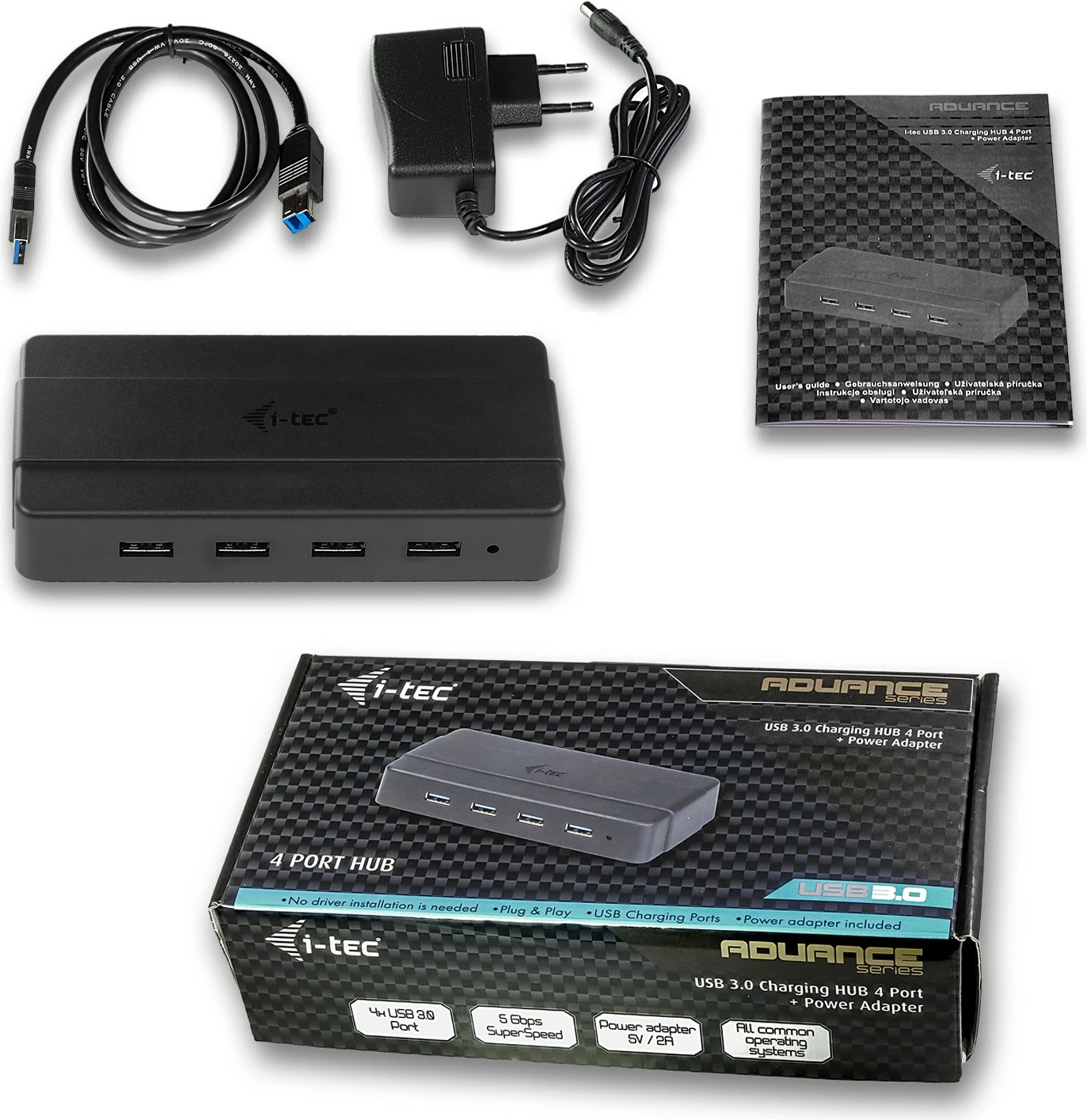 USB razdelilec 4-porte, USB 3.0, z napajalnim adapterjem, črn I-Tec