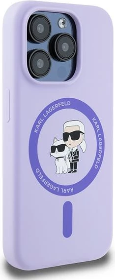 Silikonski ovitek Karl Lagerfeld Karl&Choupette Heads Ring MagSafe za iPhone 15 Pro, vijoličen