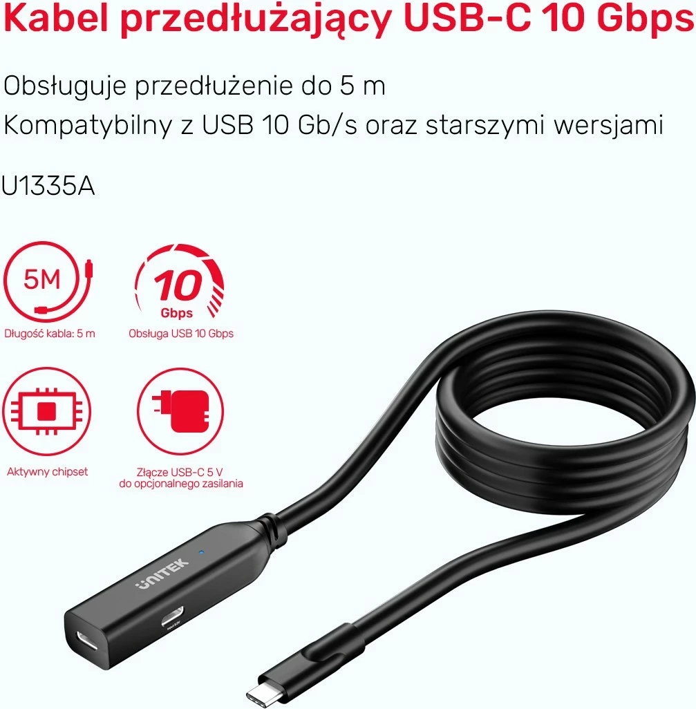 Podaljševalni kabel USB-C 5 m, 10 Gbps, črn Unitek