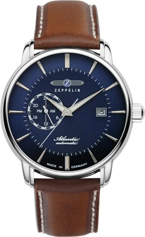Elegantna avtomatska zapestna ura Zeppelin Atlantic 8470-3, modra, rjav usnjen pašček