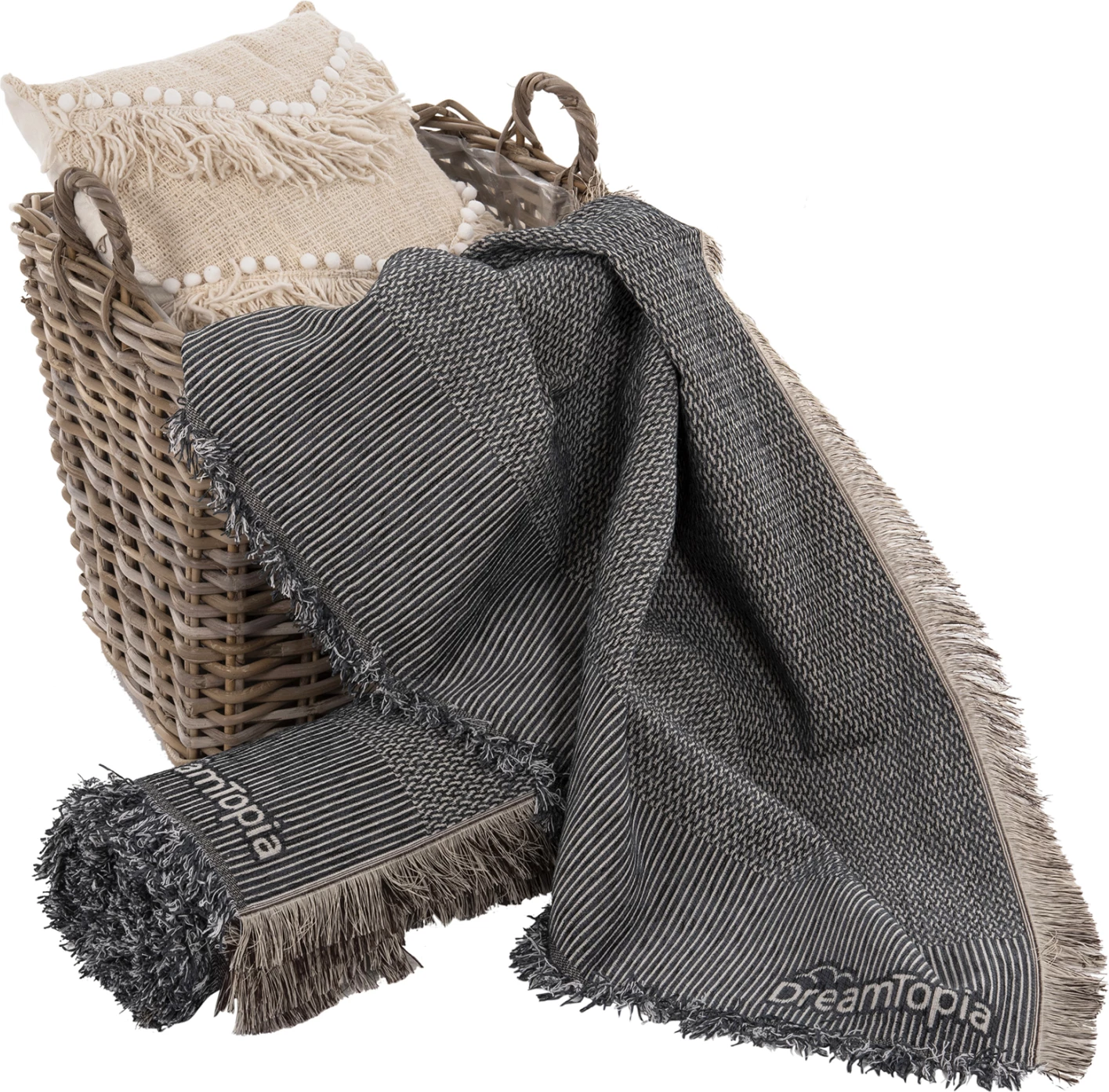 Prevleka za kavč z resicami DREAMTOPIA FH12165.03 v modri barvi 295x170 cm