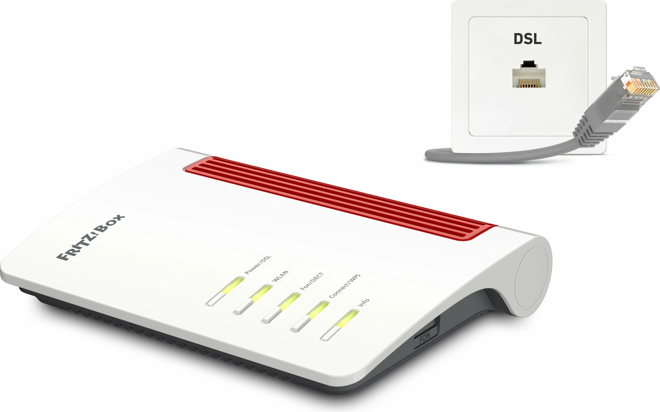 Zmogljiv namizni usmerjevalnik AVM FRITZ!Box 7530 AX, Wi‑Fi 6, dvojni pas, Ethernet LAN, ADSL, sivi/rumeno-rdeč/beli