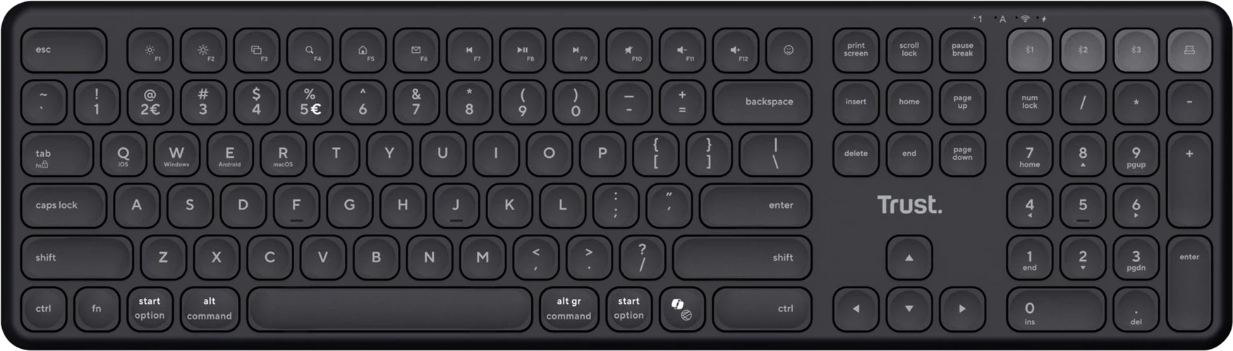 Tastatura, Trust Vaiya, USB + RF brezžično + Bluetooth, US English, črna