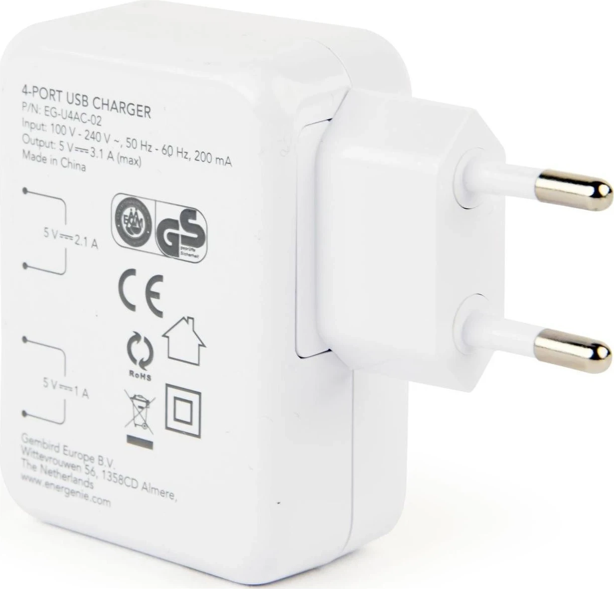 Polnilec z 4 USB 3.1 vrati Gembird, bel