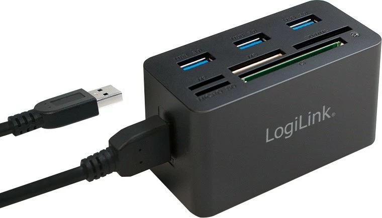 USB-hub z 3 vrati in čitalcem kartic, LogiLink CR0042, 3x USB 3.0, črn