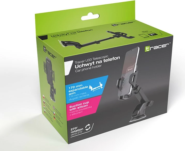 Avtomobilsko držalo za telefon Tracer U33 z teleskopskim ročajem, črno