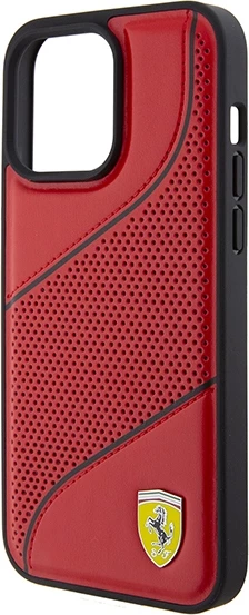 Ovitek Perforated Waves z metalnim logotipom Ferrari za iPhone 15 Pro, rdeč