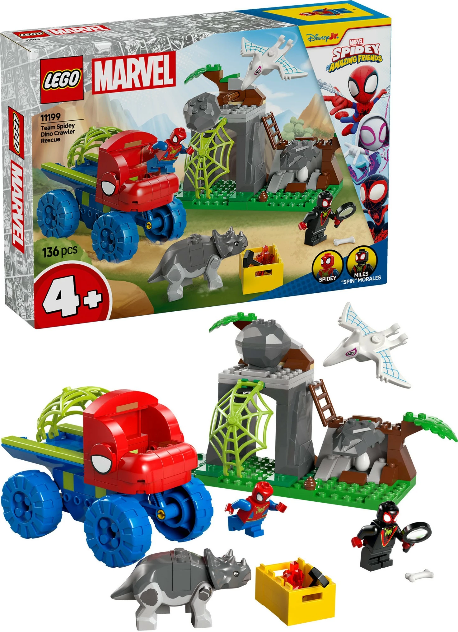 Set gradnje Spideyjeva ekipa Dino Crawler Rescue LEGO Marvel 11199, 136 kosov, večbarven