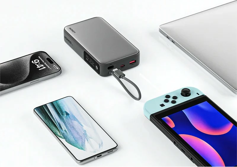 Power bank 20000 mAh, 130W, 4x USB, USB-C kabel, LED, siv - AUKEY PB-Y48 Spark Sling