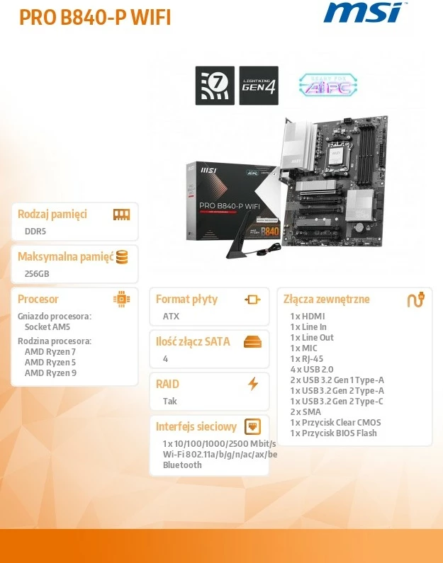 Plošča am MSI PRO B840-P WIFI, Socket AM5, DDR5, Wi‑Fi 7, ATX