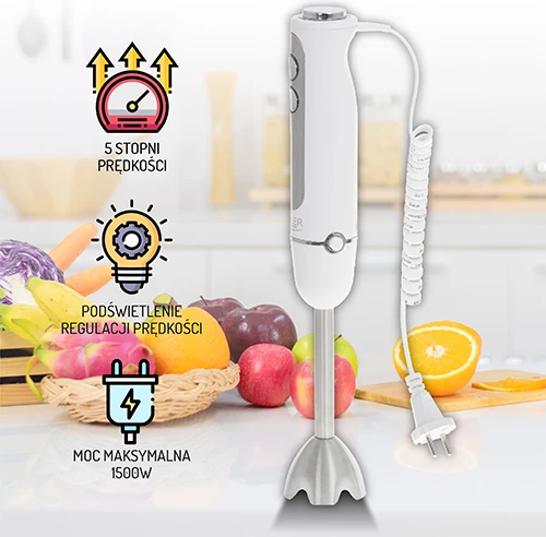 Palični mešalnik, Adler AD 4625, 850 W (1500 W max), 5 hitrosti + Turbo, inox noga, kabel 1,8 m, bel