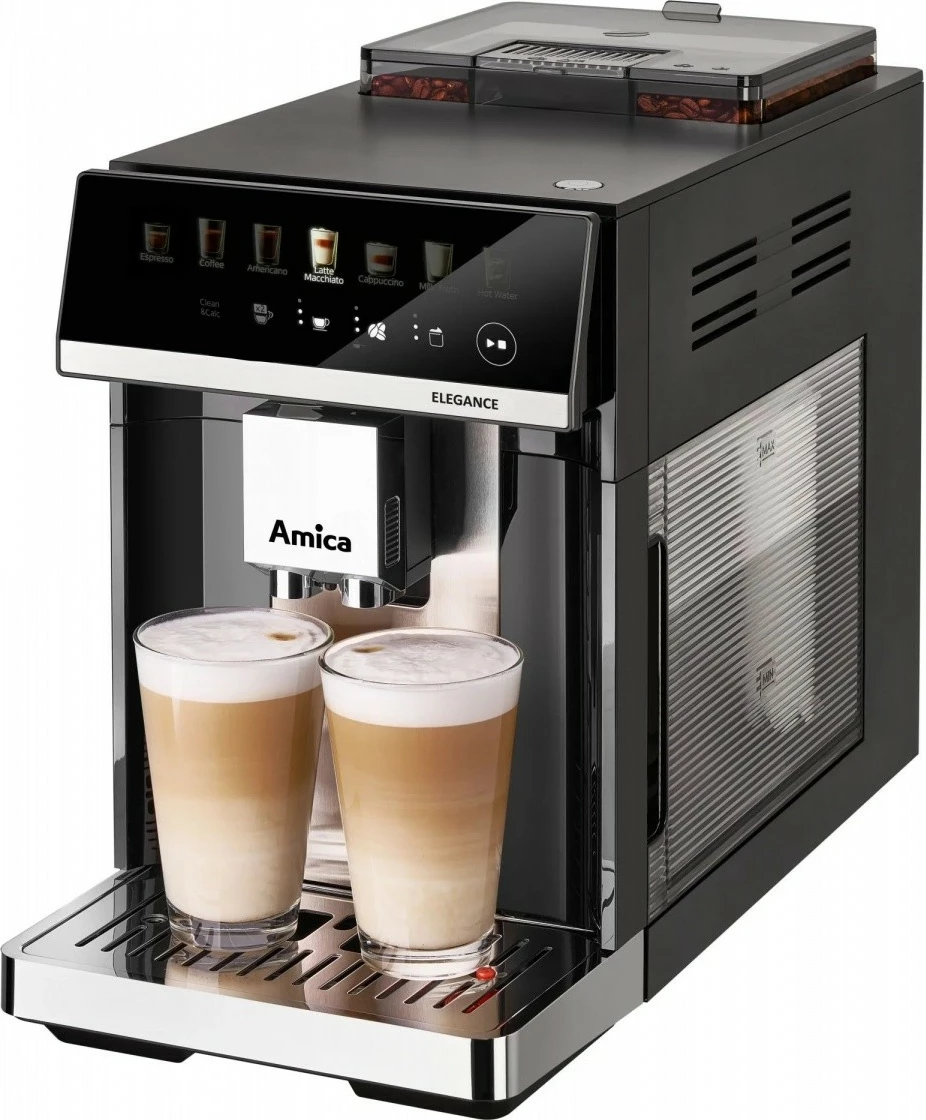 Aparat za espresso, 15 bar, 1725 W, jekleni mlinček 5 stopenj, rezervoar za vodo 1,8 L, zbiralnik za kavo 250 g, mlečni sistem, črn, Amica Elegance CM 7011