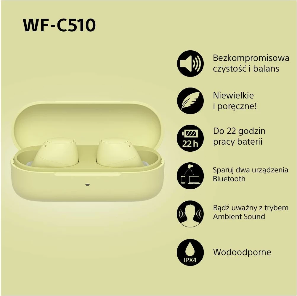 Slušalke True Wireless, Sony WF-C510, Bluetooth 5.3, rumene