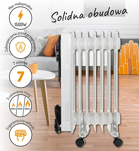 Oljni radiator 7 reber, 1500 W, 3 stopnje ogrevanja, Adler 7815, bel