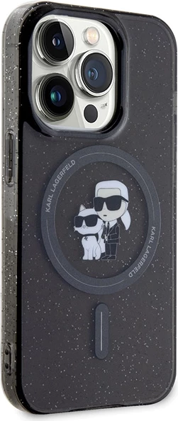 Ovitek z bleščicami Karl Lagerfeld Karl&Choupette MagSafe za iPhone 15 Pro, črn