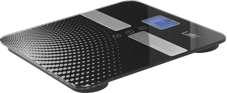 Elektronska kopalniška tehtnica, analiza telesne sestave (maščoba/voda/kosti/mišice/kalorije), Lafe WLS003.0, zmogljivost 150 kg, natančnost 100 g, pomnilnik 10 uporabnikov, LCD z modro osvetlitvijo, enote kg/lb/st, 30x30 cm, črna
