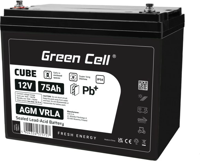 Baterija AGM VRLA 12V 75Ah Green Cell AGM12V75AH-J, IP54, črna