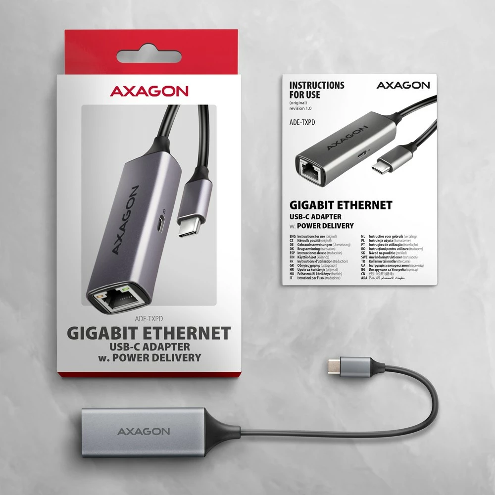 Omrežna kartica AXAGON ADE-TXPD, USB-C 3.2 Gen 1, Gigabit Ethernet, Power Delivery 100W, siva Omrežna kartica AXAGON ADE-TXPD, USB-C 3.2 Gen 1, Gigabit Ethernet, Power Delivery 100W, siva