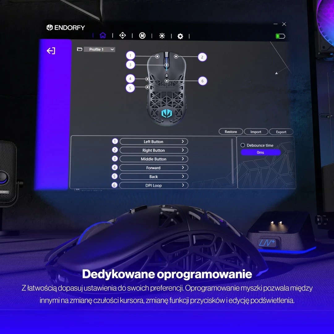 Brezžični miš Endorfy LIV Plus, RGB, 26000 DPI, črn