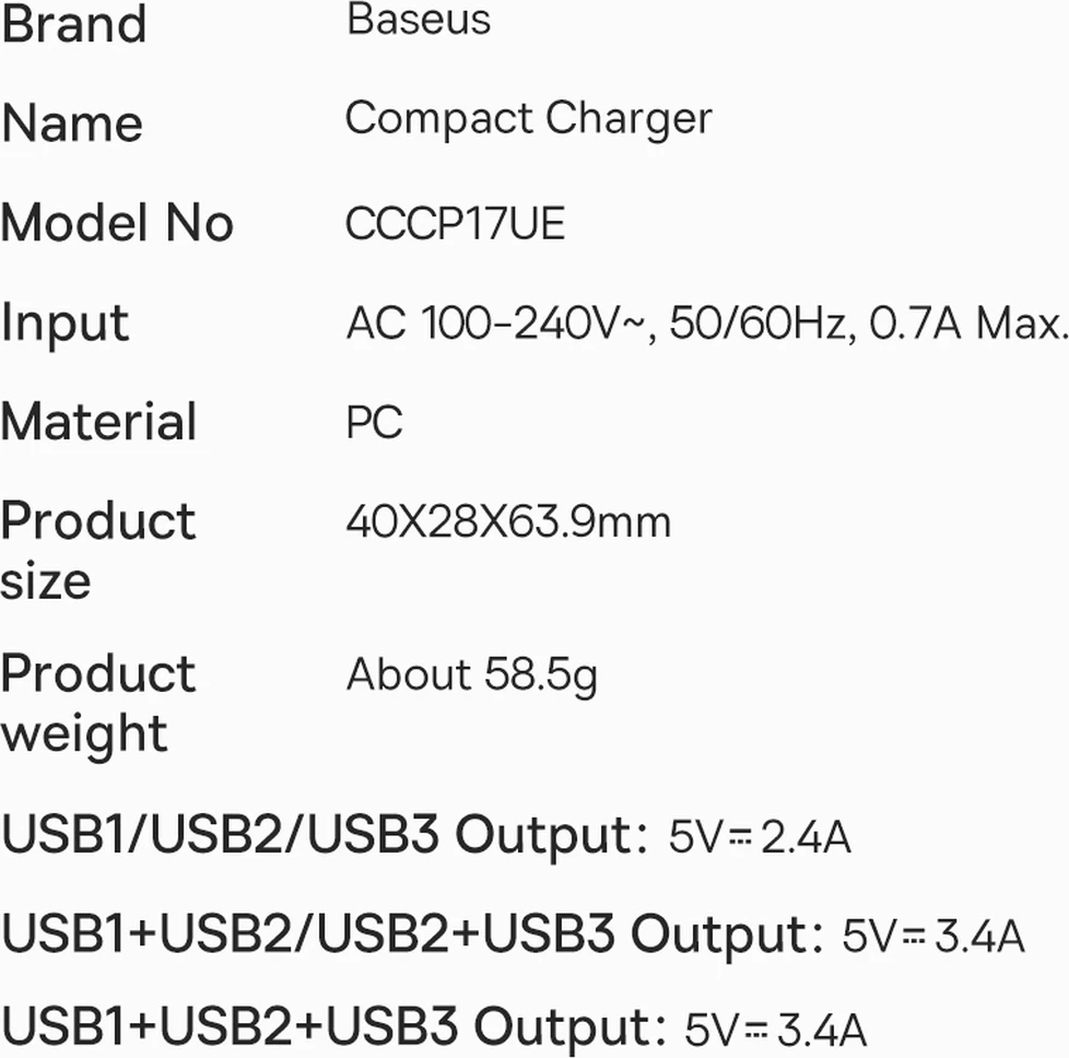 Stenski polnilec Baseus CCXJ020102, 3x USB, 17W, bel