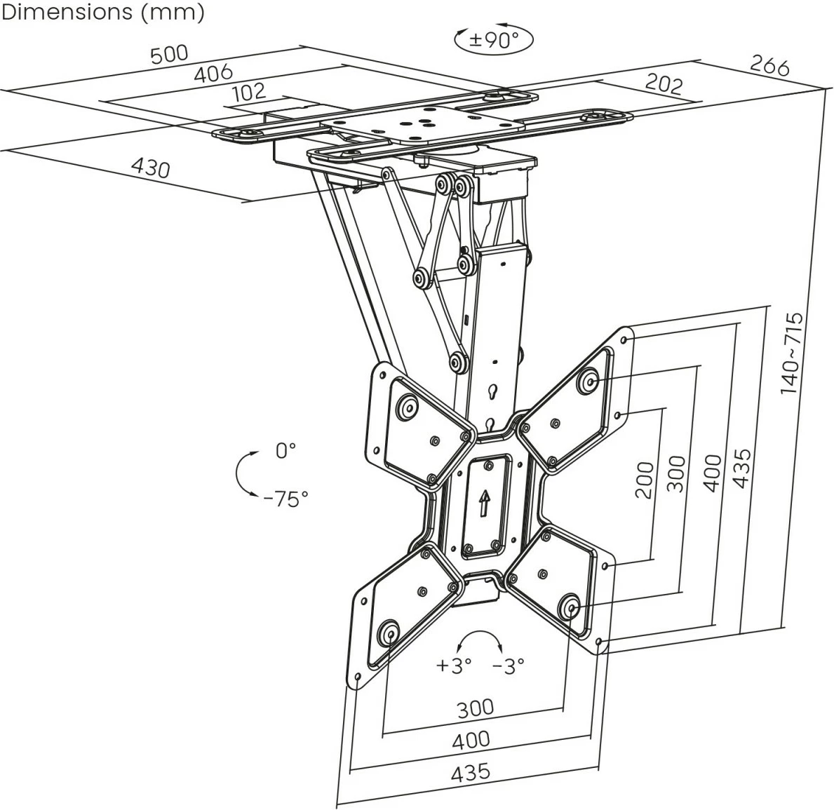 Električna stropna nosilka za televizor Maclean MC-491, 23–65 palcev, 30 kg, VESA 600x400, 90° vrtenje, črna