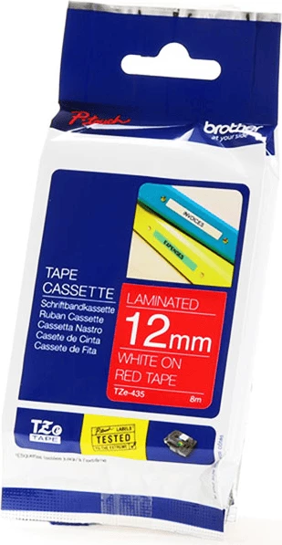Laminiran etiketni trak 12 mm x 8 m, bel na rdečem, Brother TZe-435
