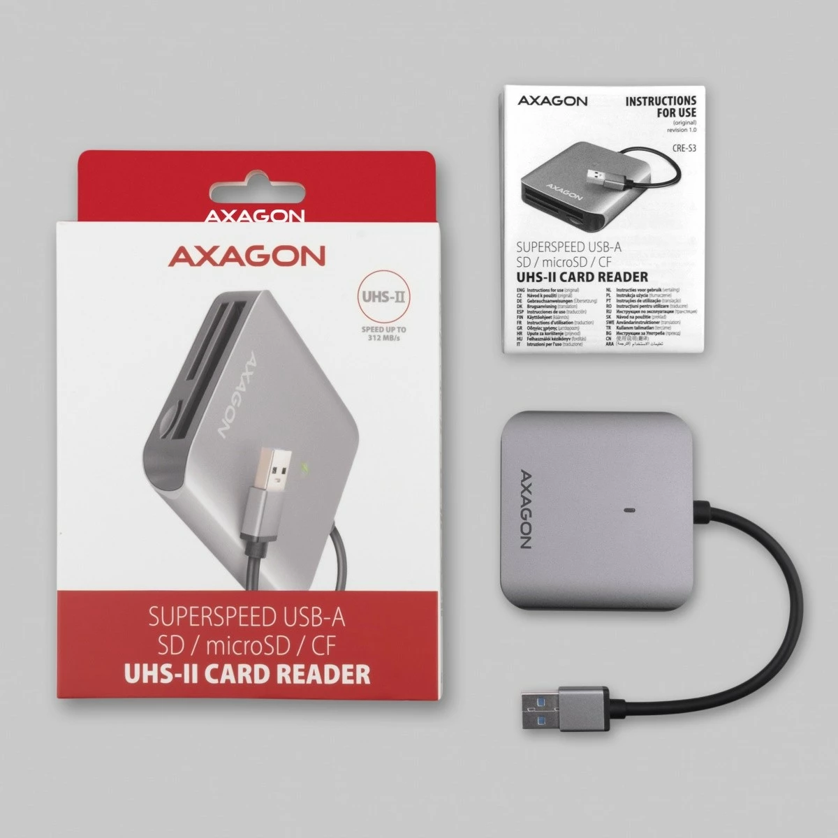Kompakten bralnik kartic AXAGON CRE-S3, USB-A, 3 reže, USB 3.2 Gen 1, siv Kompakten bralnik kartic AXAGON CRE-S3, USB-A, 3 reže, USB 3.2 Gen 1, siv
