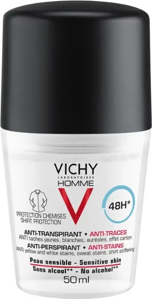 Deodorant roll-on za občutljivo kožo, antiperspirant proti madežem, unisex 50 ml Vichy Homme