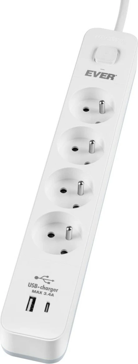 Zaščitna vtičnica EVER PROTECT 4PL 1A1C USB, 4 vtiči, 1,5 m, bela