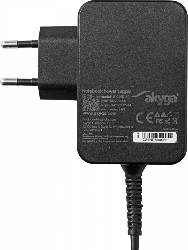 Omrežni polnilec USB-C, 45W, PD 3.0 AKYGA AK-ND-80, črn