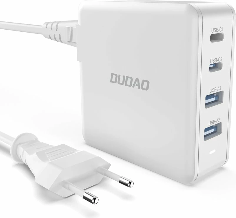 Stenski polnilec GaN 100 W, 2x USB-C, 2x USB-A, Dudao A100EU, bel