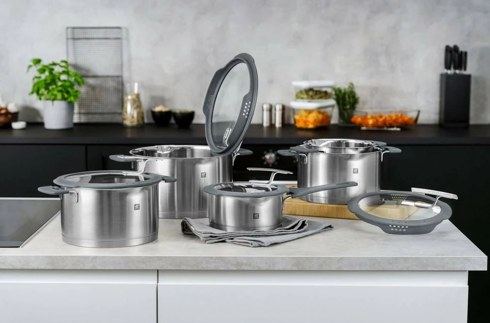 Set loncev, 5 kosov, nerjaveče jeklo, pokrovi s cedilom Zwilling Simplify