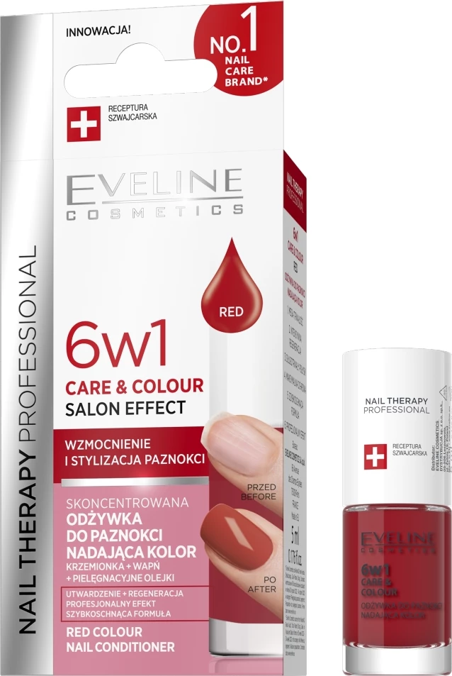 Negovalni lak za nohte Eveline Cosmetics Nail Therapy Professional 6v1 Care & Colour koncentriran negovalni pripravek za nohte, rdeč, 5 ml