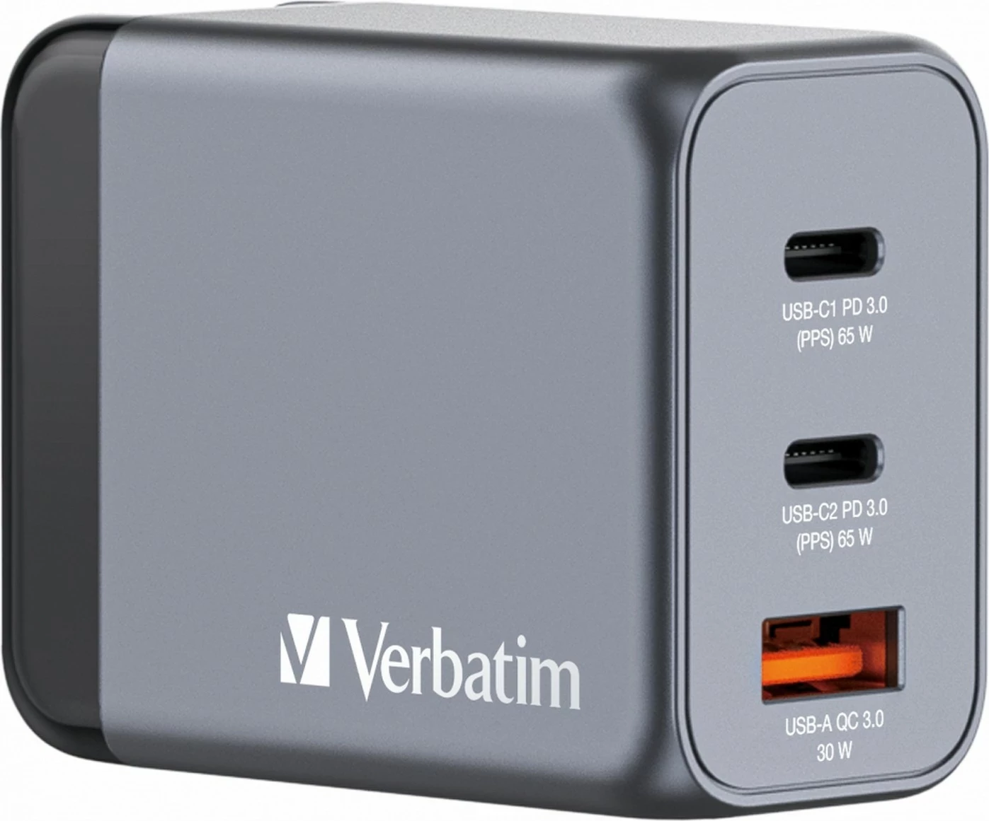 Sodobni polnilec Verbatim GNC-64 GaN 65W, 2xUSB-C PD, 1xUSB-A QC 3.0, siv