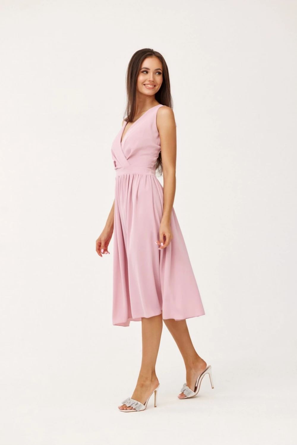 Midi obleka z ramienci Roco Fashion 183736, rožnata