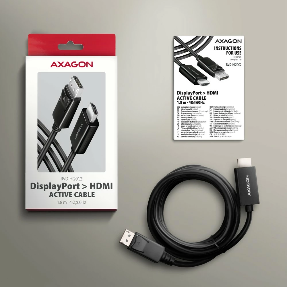 Aktivni kabel/adapter DisplayPort na HDMI AXAGON RVD-HI20C2, 1,8 m, 4K/60 Hz, črn Aktivni kabel/adapter DisplayPort na HDMI AXAGON RVD-HI20C2, 1,8 m, 4K/60 Hz, črn