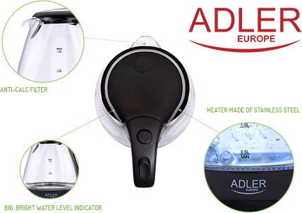Kuhalnik za vodo iz stekla, Adler AD 1224, 1,5 L, 2200 W, LED osvetlitev, črn