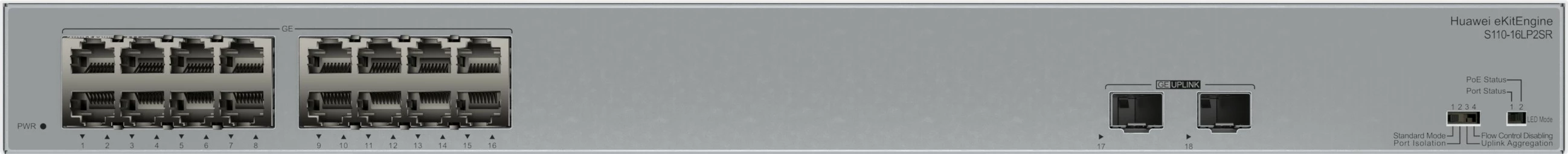 Neupravljani preklopnik, Huawei eKit S110-16LP2SR, L2, Gigabit Ethernet, PoE, v racku, siv